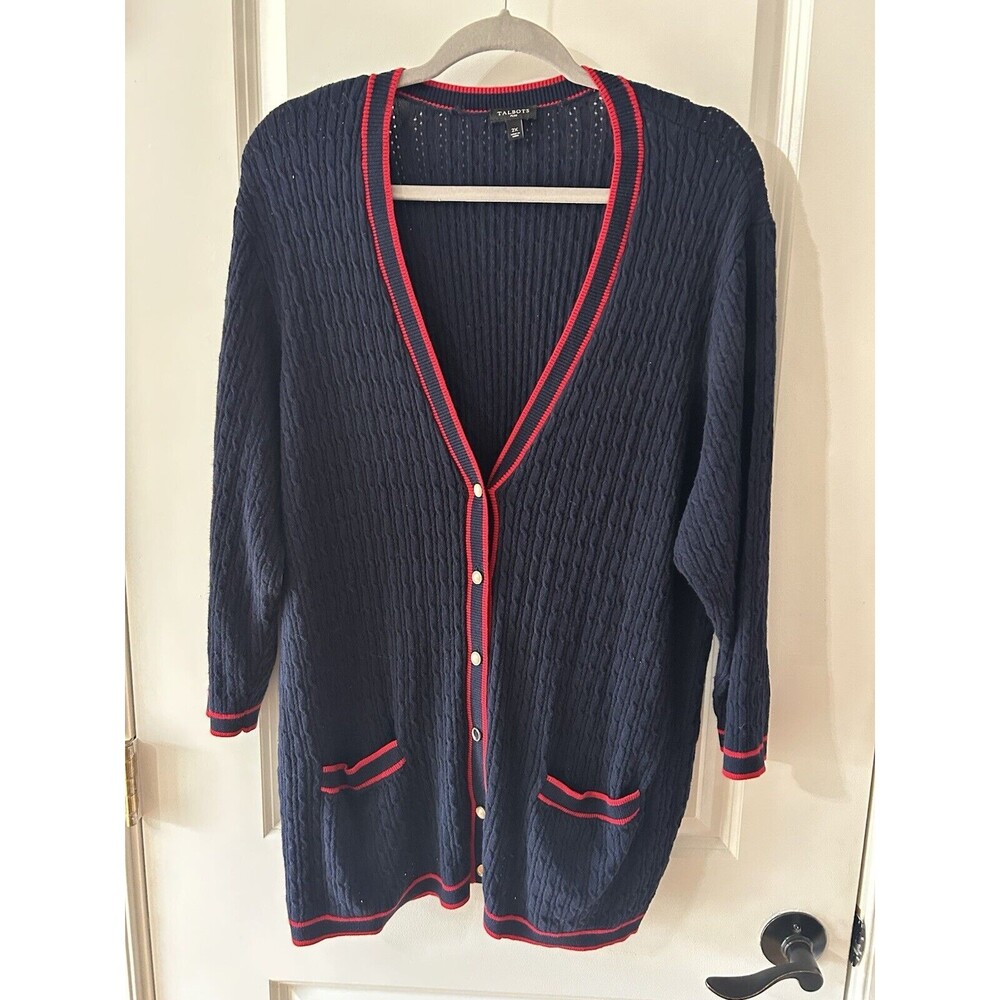 Talbots 2X Plus Knit Cardigan Navy Red Pearl Button Pockets Academia FLAWS